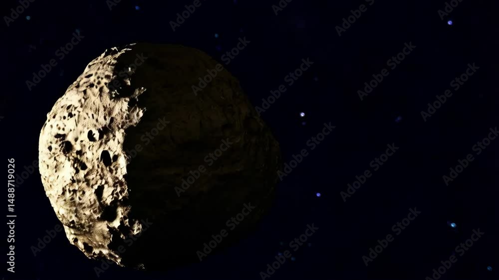 Poster detailed rendering of an asteroid with rough surface texture floating in the dark of space among sta
