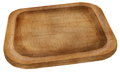 Watercolor style empty wooden tray on a transparent background.