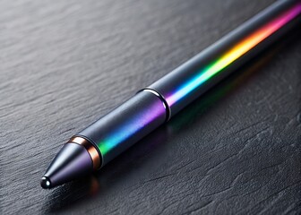Fototapeta premium Closeup of a Black and Colorful Digital Stylus Resting on a Dark Textured Surface