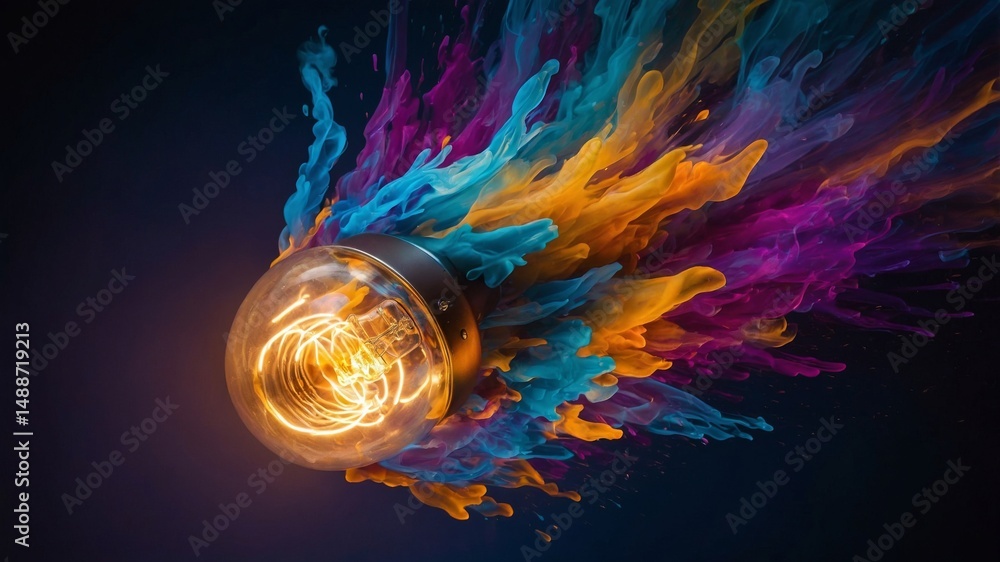Poster bright bulb with vibrant paint splashes radiating color on a dark background creates a dynamic visua