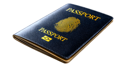 Biometric passport with navy cover isolated on transparent background
