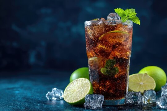 Tall glass of iced brown cola with lime slices, mint leaves, and condensation, surrounded by lime halves and ice, ideal for drink ads, summer menus, and refreshing themes
