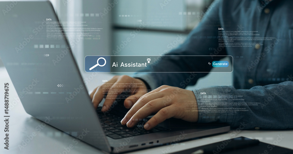 Poster person using laptop with ai bot content generator. image generator, documents, marketing and adverti