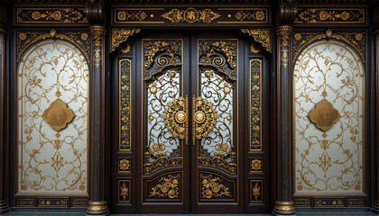 Ornate wooden doors with gold accents and decorative panels flanking the entrance way design style