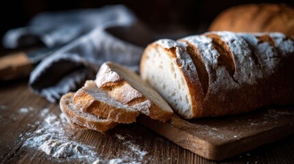 Freshly baked artisan bread slices on a wooden board