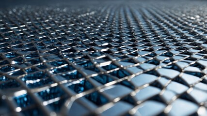 Fototapeta premium Close-up View of a Metallic Mesh Surface Reflecting Light With Intricate Patterns in a Studio Setting at Daytime