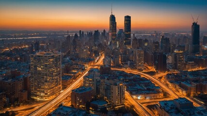 Fototapeta premium City Skyline Illuminated at Twilight Above Busy Streets Showcasing a Vibrant Urban Landscape