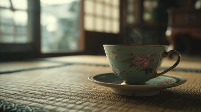 Delicate teacup and saucer on traditional tatami mats. - Powered by Adobe
