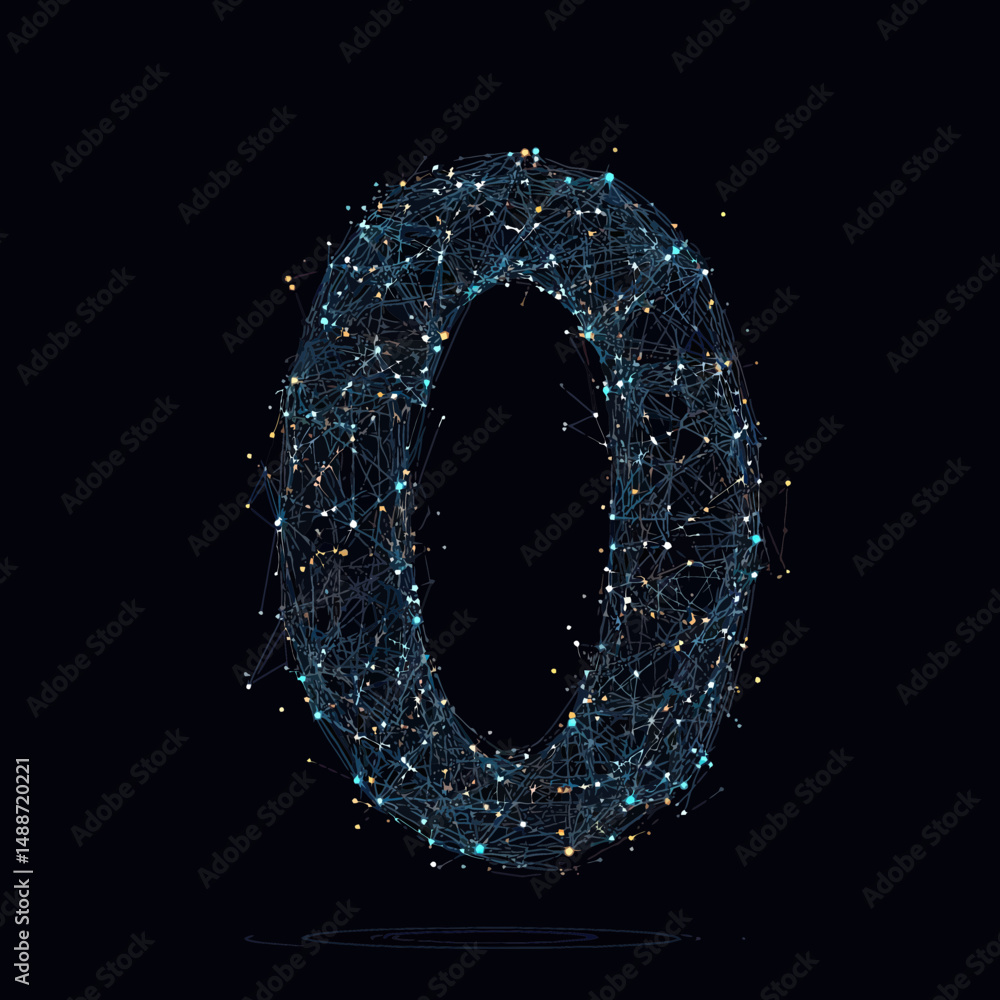 Poster abstract glowing zero digit made of interconnected blue and orange digital lines and points forming 