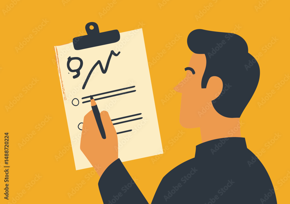 Poster businessman writing checklist on clipboard with graphs and notes in minimalist flat vector style on 