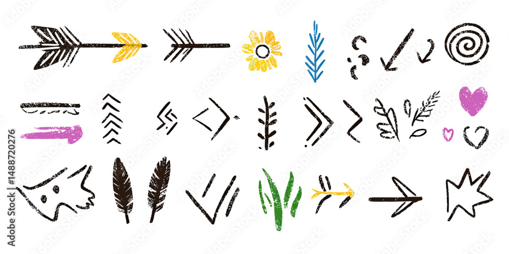 Poster hand drawn arrow elements and abstract botanical doodles brush stroke vector set with colorful grung