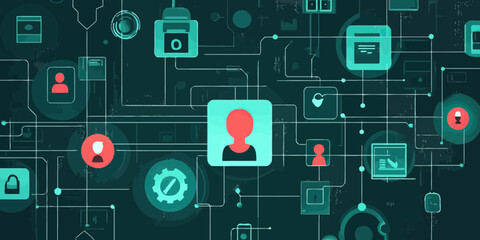 Fototapeta premium Digital network user profile interconnected icons with padlocks security data protection and cyber privacy concept illustration in flat style