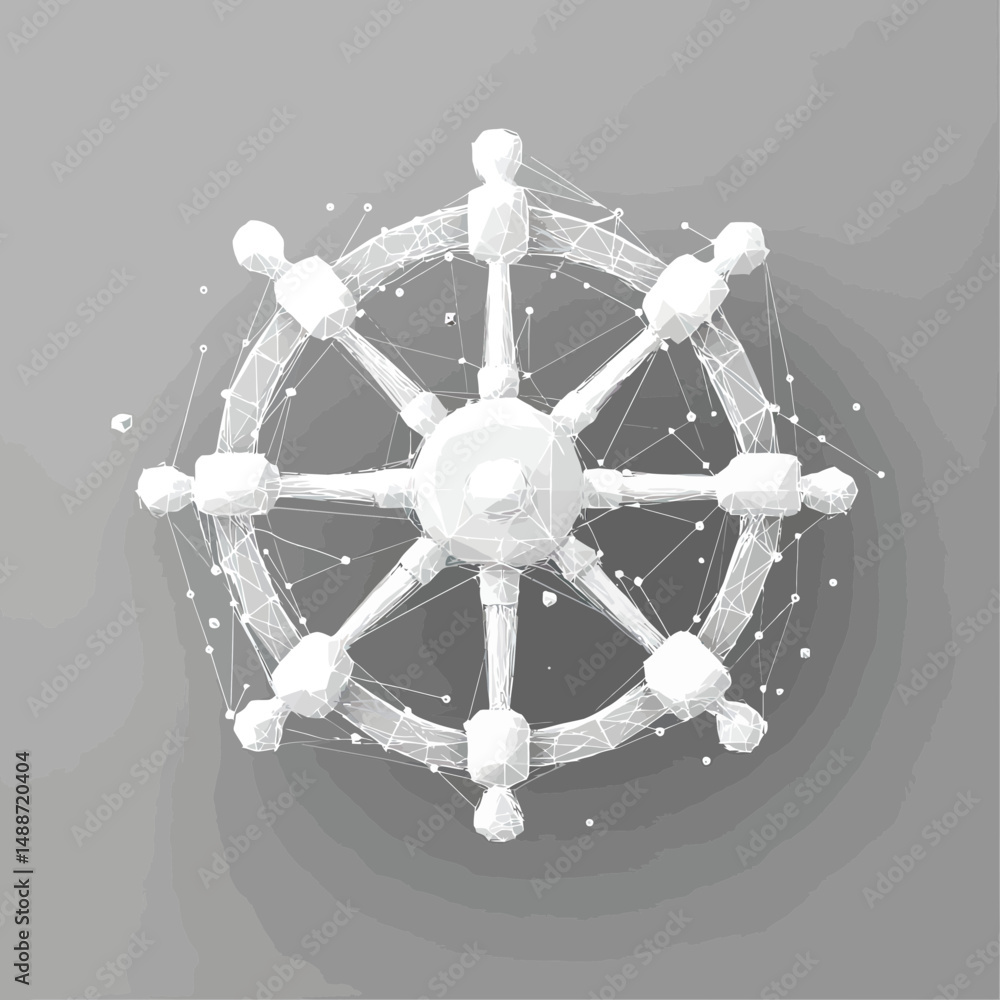Poster white low poly polygonal ship steering wheel with abstract connected network dots and lines on gray 