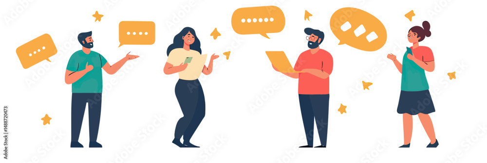 Poster diverse group of people giving feedback and reviews with speech bubbles expressing communication and