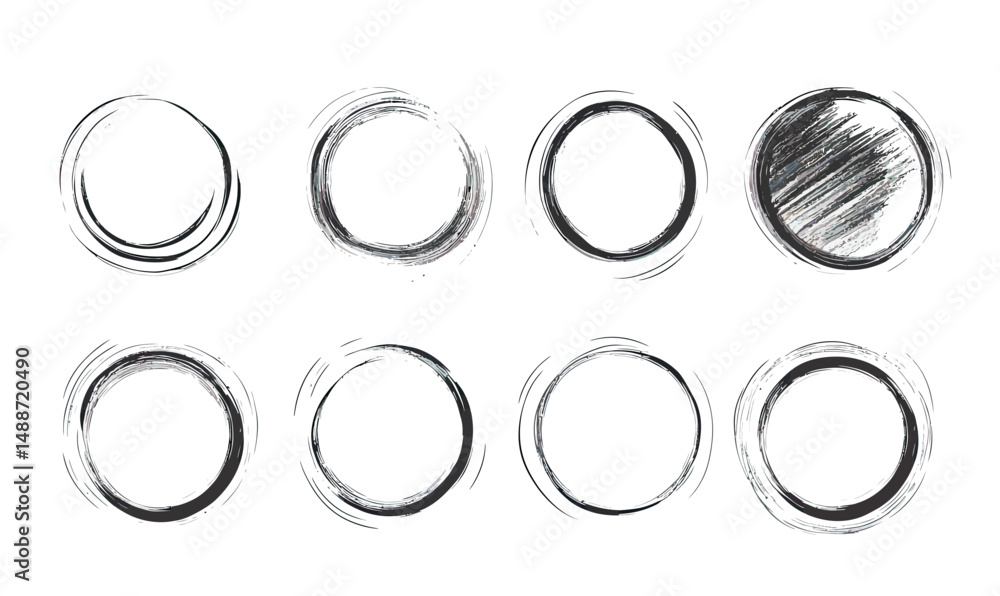 Poster set of eight hand drawn black and white circular brush stroke shapes with varied textures and shadin