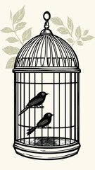 Minimalist black birdcage with two small birds perched inside on curved bars with subtle leaf pattern background vector illustration in flat style