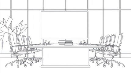 Modern office conference room, meeting table, chairs, whiteboard, city view