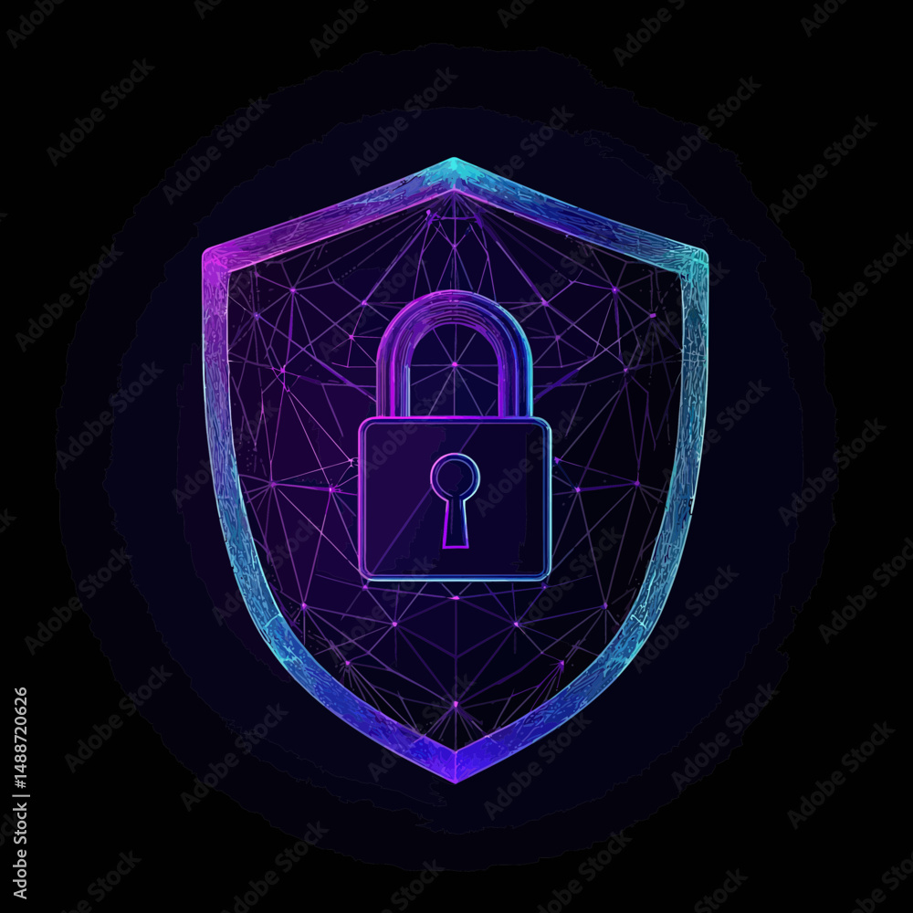 Poster futuristic digital shield with glowing padlock and geometric wireframe network symbolizing cybersecu