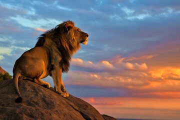 Lion king majestic animal wildlife nature sunset african predator feline mammal big cat rock sky reserve