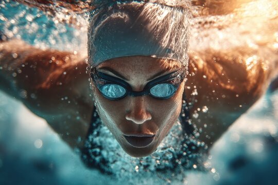 Close-up underwater view of a swimmer in butterfly stroke.