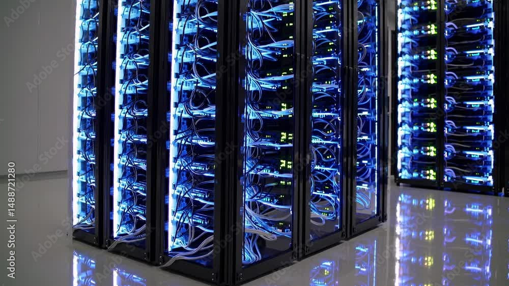 Poster wide-angle shot of illuminated server racks in a data center, showcasing modern technology and infra