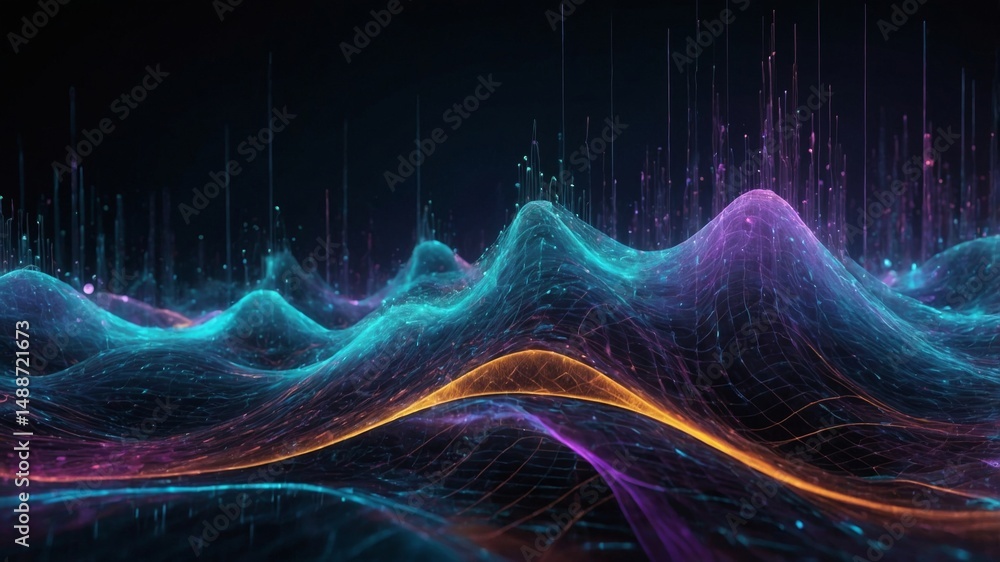 Poster vibrant digital landscape showcasing flowing waves of light and color in an abstract representation 