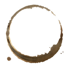 Watercolor coffee stain ring with droplet on a transparent background.
