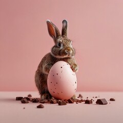 Obraz premium Creative composition with cute Easter bunny rabbit which protrudes from broken chocolate egg on pink background. Creative art, minimal aesthetic look. Contemporary style. Minimal easter concept
