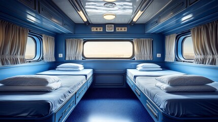 Fototapeta premium Indian Railways trains have second-class sleeper coaches equipped with vacant seats and berths, along with packaged bed linens, inside air-conditioned passenger compartments