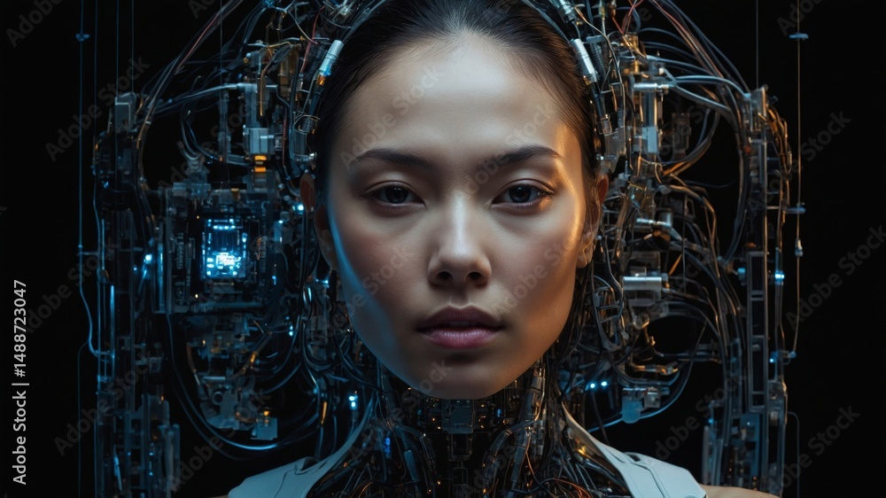 Poster contemporary depiction of a humanoid robot with intricate circuitry and advanced technology showcasi