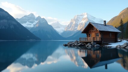 Fototapeta premium Cozy Cabin by the Lake Surrounded by Mountains at Sunset in a Tranquil Landscape With Reflections in the Water