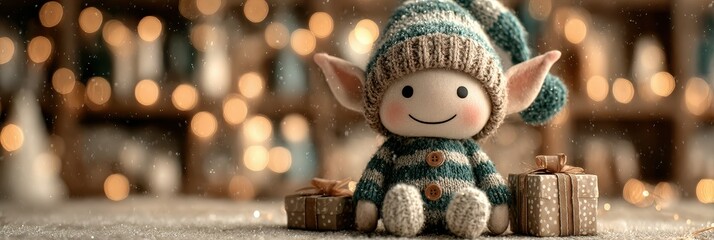 Joyful holiday elf figurine surrounded by small presents in a cozy festive setting with warm lights