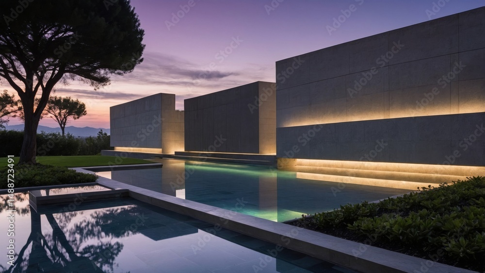 Poster modern architectural design showcases serene swimming pool at twilight near lush greenery and illumi