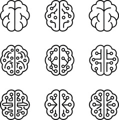 Brain Technology Icon Set | AI Neural Network Circuit Brain Vector for Tech and Science