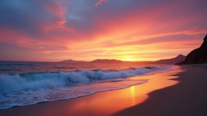 Obraz premium Stunning Sunset Over Tranquil Ocean Waves Along a Serene Beach With Mountains in the Background During the Evening Hours