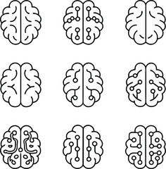 Brain Technology Icon Set | AI Neural Network Circuit Brain Vector for Tech and Science