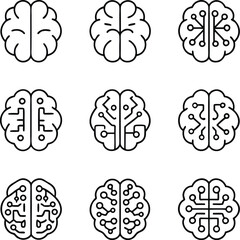 Brain Technology Icon Set | AI Neural Network Circuit Brain Vector for Tech and Science