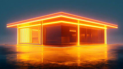 Futuristic Building with Neon Lights in a Misty Urban Environment