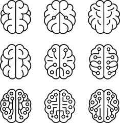 Brain Technology Icon Set | AI Neural Network Circuit Brain Vector for Tech and Science