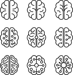 Brain Technology Icon Set | AI Neural Network Circuit Brain Vector for Tech and Science