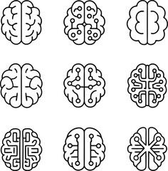 Brain Technology Icon Set | AI Neural Network Circuit Brain Vector for Tech and Science