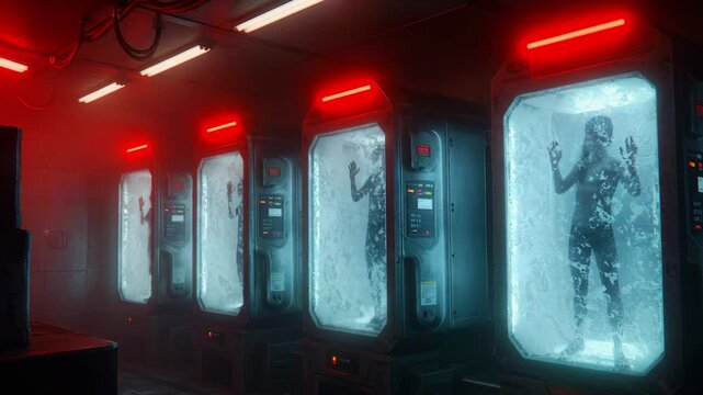 Futuristic laboratory with human figures in cryogenic chambers illuminated by red lights