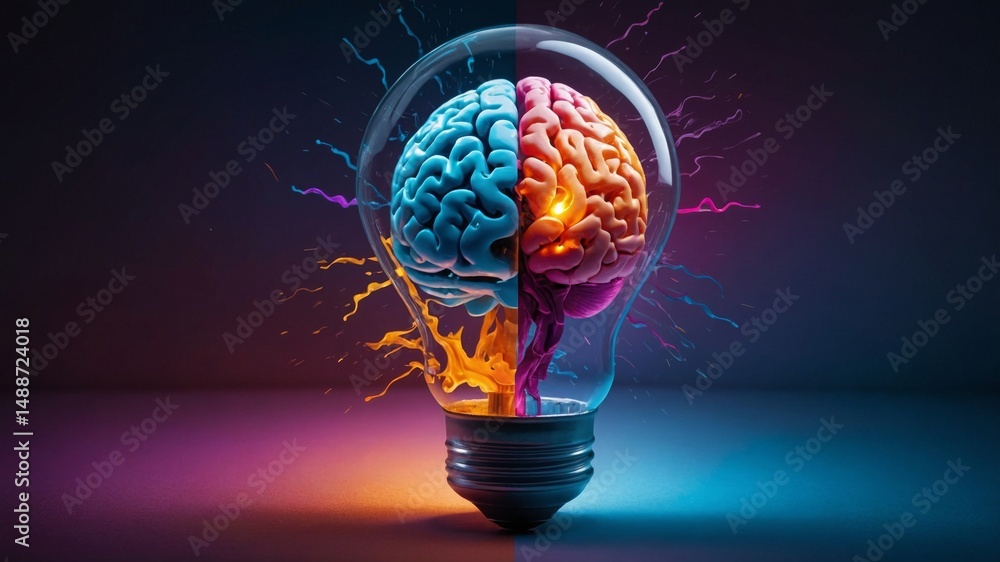 Poster innovative representation of a brain inside a light bulb highlighting creativity and intellect in an