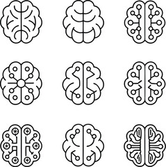 Brain Technology Icon Set | AI Neural Network Circuit Brain Vector for Tech and Science