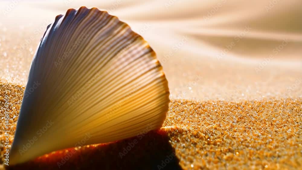 Poster sunlit seashell casting a shadow on a sandy beach near the ocean, creating a serene seaside scene wi