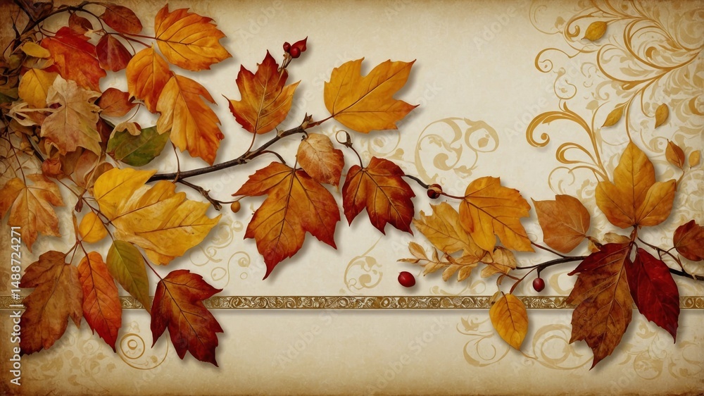 Aufkleber autumn leaves in warm tones creating an elegant background with intricate designs and soft colors