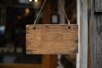 A hanging wooden sign with a blurred background providing a rustic and inviting storefront view