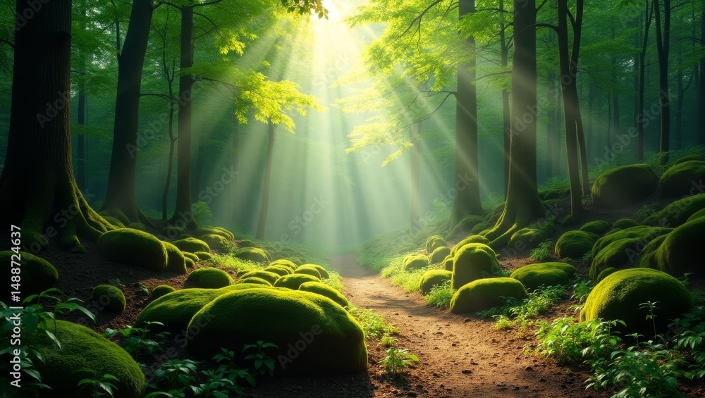Poster sunlight streams through the forest canopy illuminating a path lined with moss-covered stones in a s