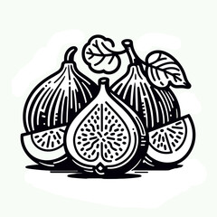 Fototapeta premium Hand-drawn figs with leaves and sliced pieces in black and white 
