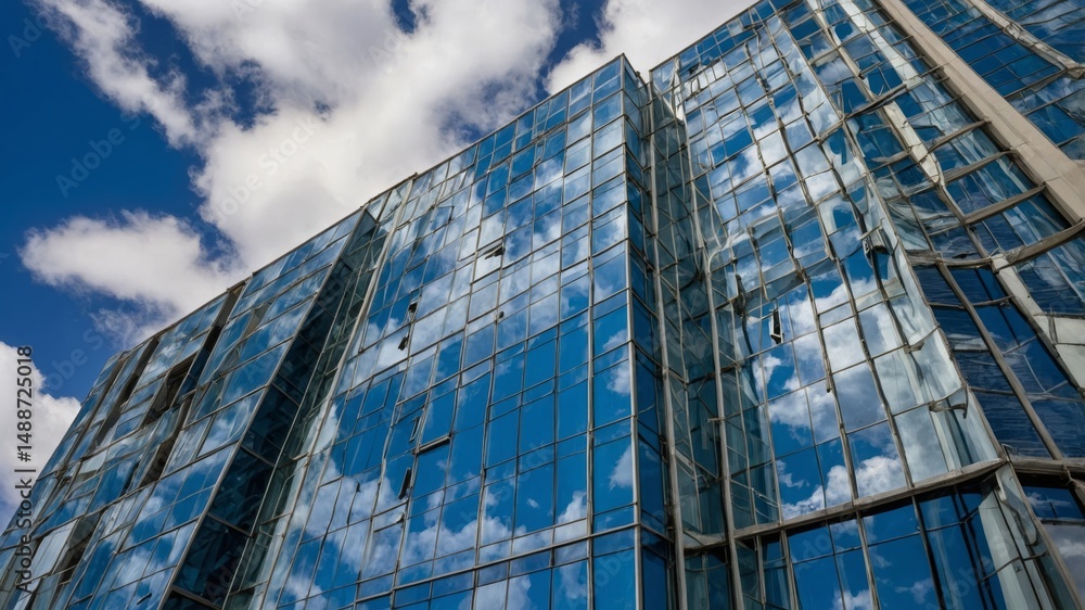 Poster modern glass building reflecting clouds on a clear day in an urban setting showcasing contemporary a